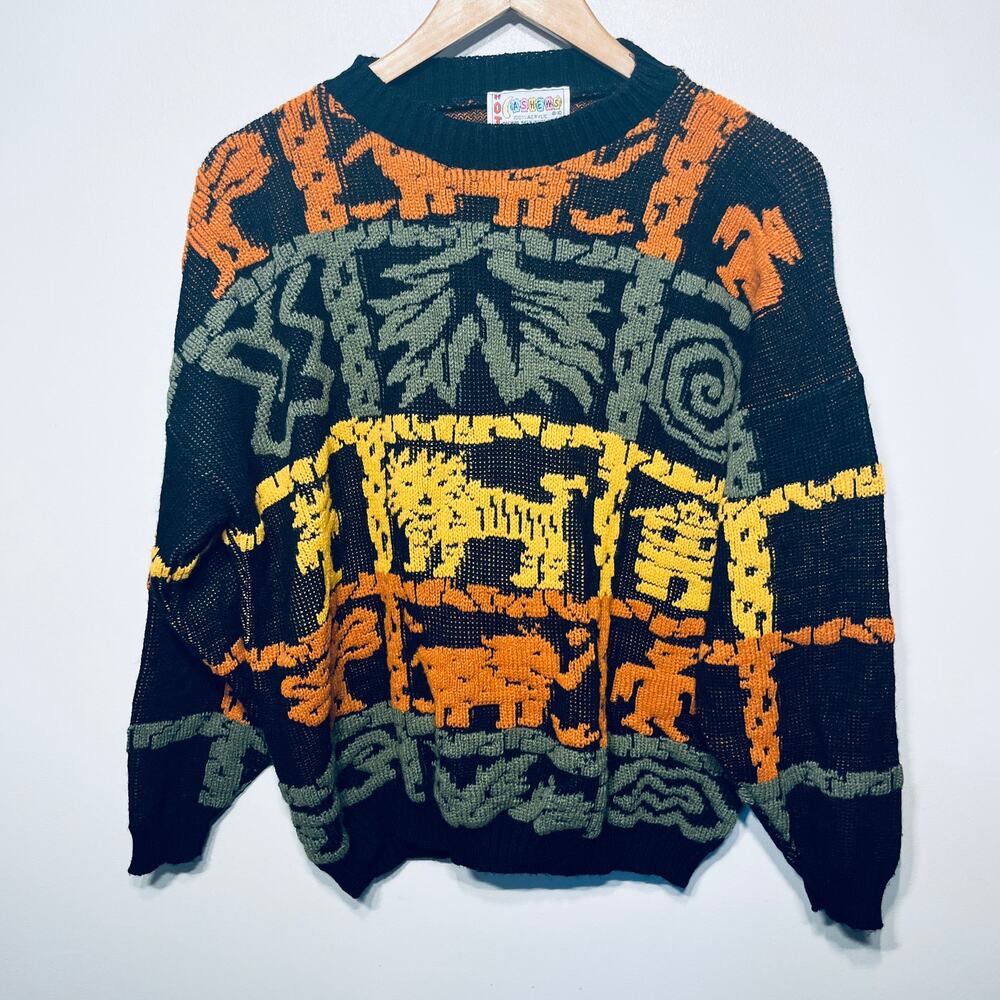 Hot Cashews VTG Sweater Acrylic Safari Animal Novelty Chunky Black Colorful M/L